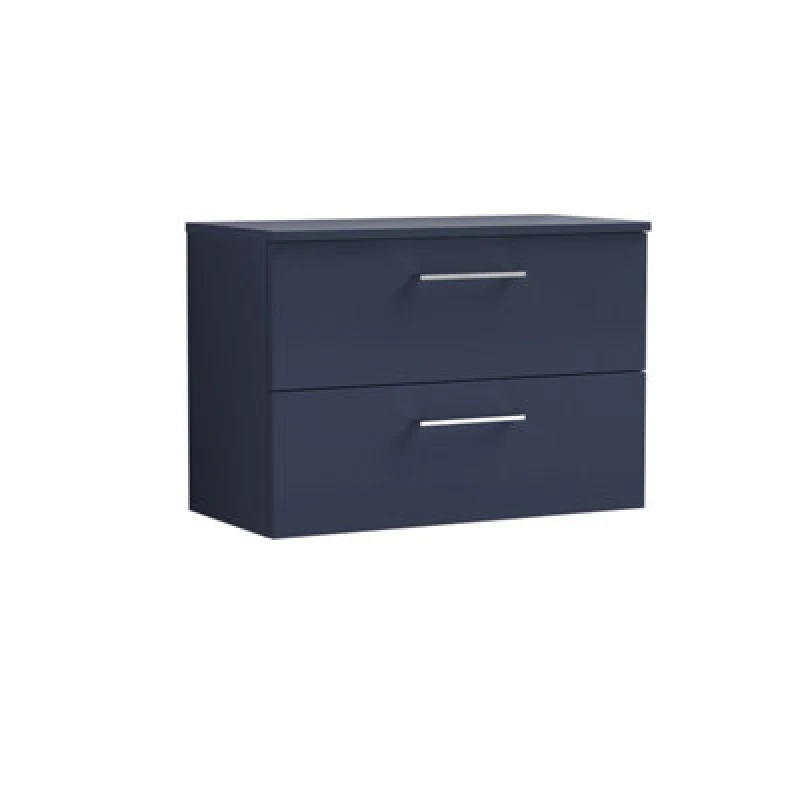 Image of Nuie Arno Wall Hung 2-Drawer Vanity & Black Worktop, Stylish Counter Top Vanity Unit In Midnight Blue, 800mm