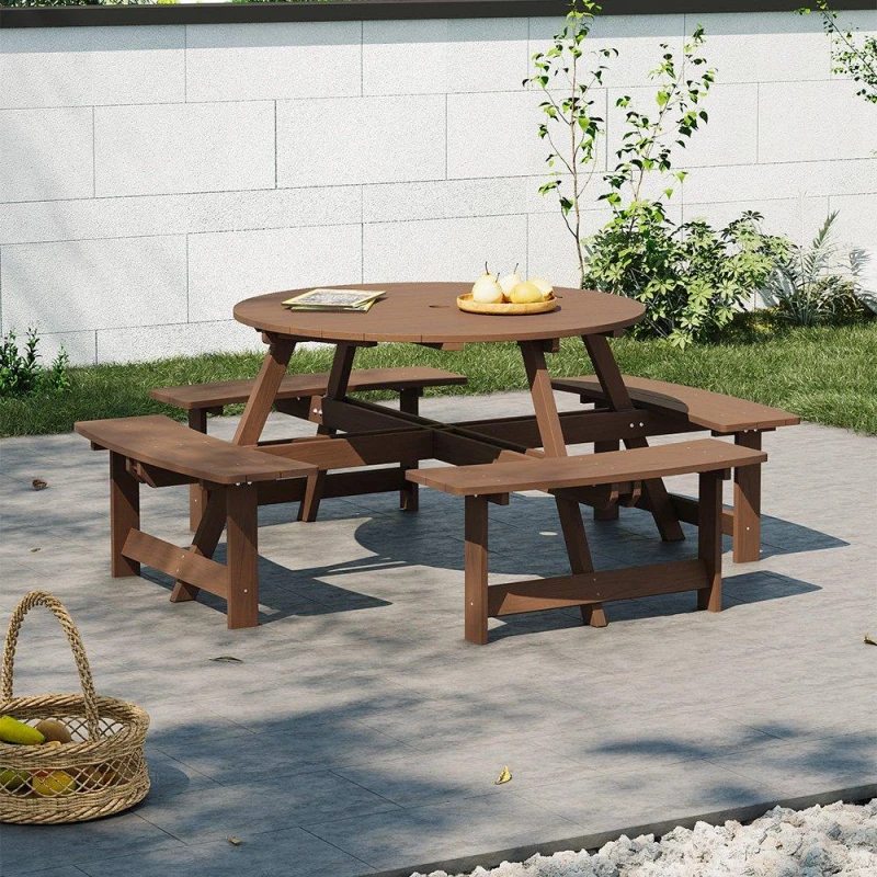 Image of Breeins Camping 8-Person Round Wood Picnic Table and Bench Set Brown unisex One size