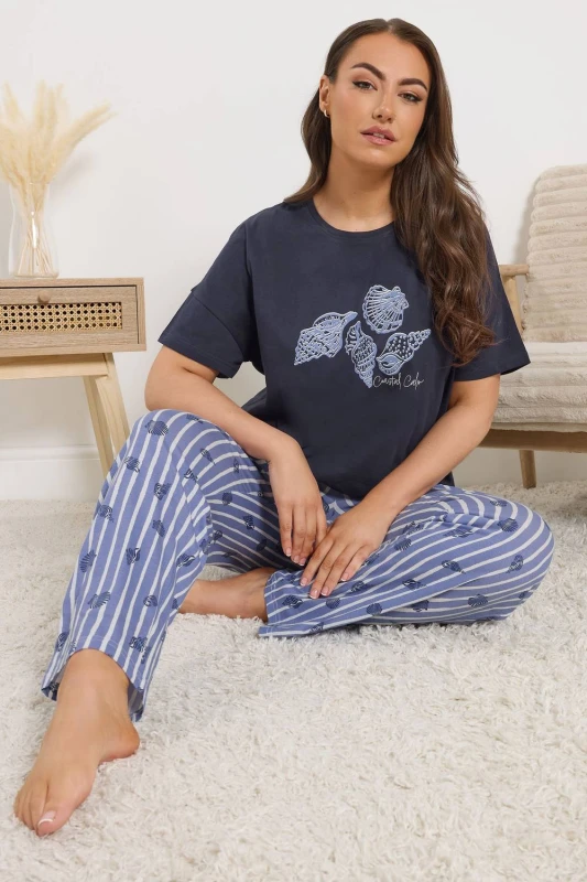Image of Yours Womens Shell Graphic Stripe Pyjama Set in Dark Blue Size: 14-16 Dark Blue Female 14-16
