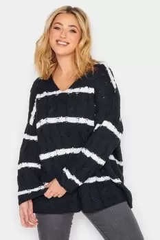Image of Stripe V-Neck Cable Knit Jumper