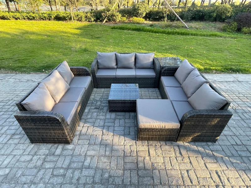 Image of Fimous Patio Garden Furniture Sets Wicker 10 Seater Outdoor Rattan Furniture Sofa Sets with Square Coffee Table Big Footstool Dark Grey unisex