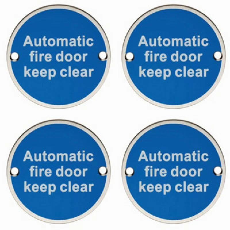 Image of Loops 4x Automatic Fire Door Keep Clear Plaque 76mm Diameter Satin Stainless Steel Metallics