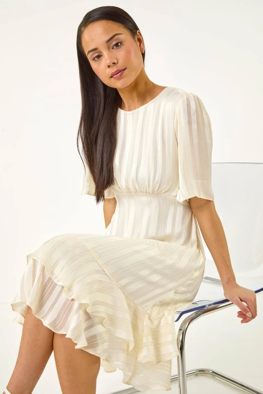 Image of Roman Womens Petite Stripe Frill Hem Midi dress in Ivory Size: 12 Ivory Female 12