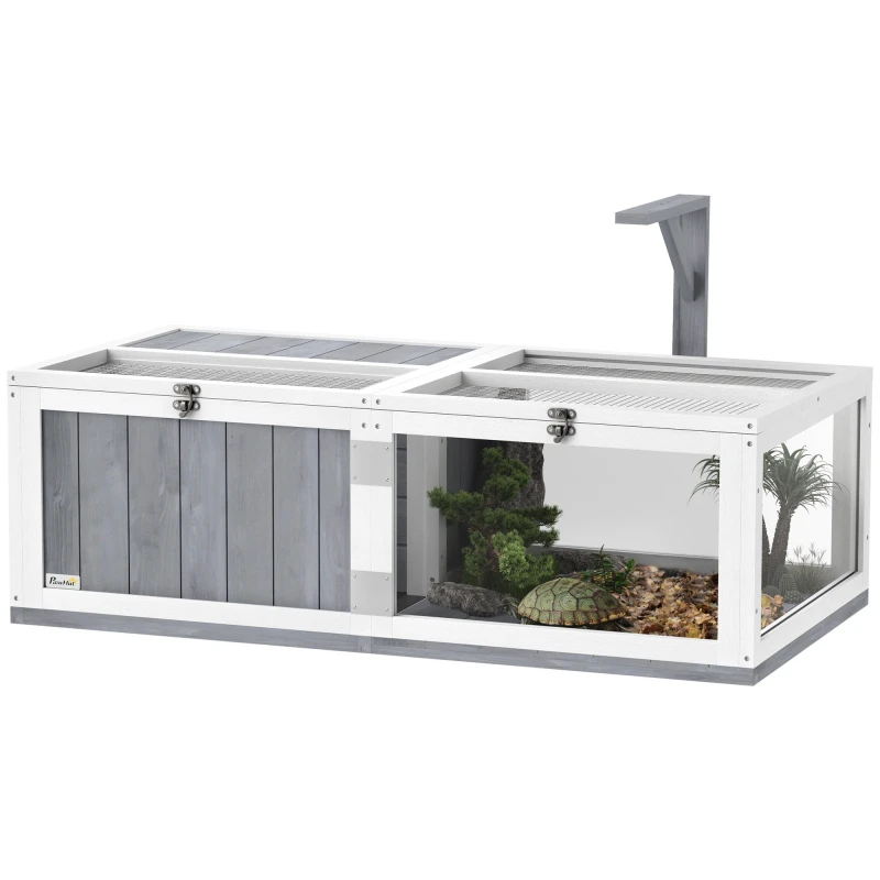 Image of PawHut Wooden Tortoise House with Lamp Holder, Clear Observation Windows Light Grey