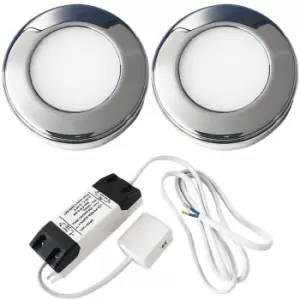 Image of 2x CHROME Round Surface or Flush Under Cabinet Kitchen Light & Driver Kit - Natural White LED