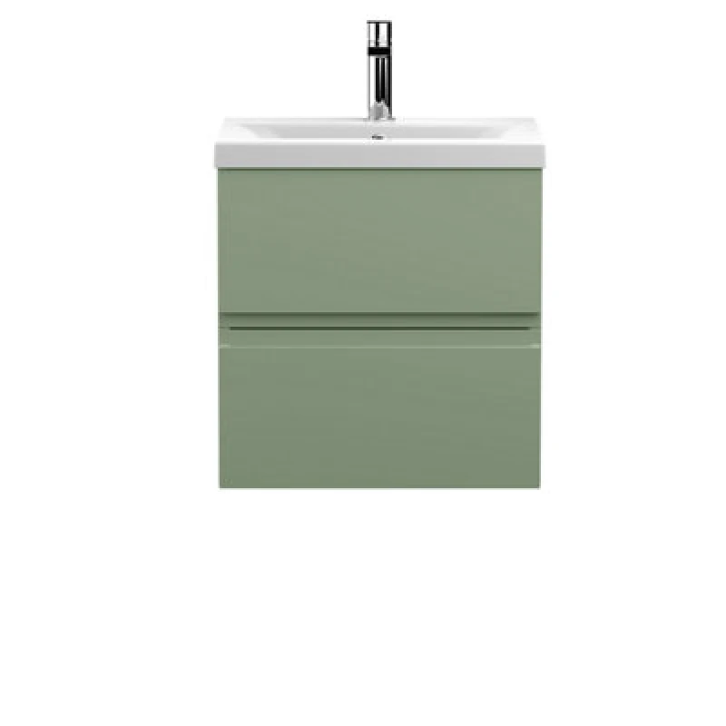 Image of Nuie Hudson Reed Urban Wall Hung 2 Drawer Vanity Unit With Mid-Edge Ceramic Basin, Modern Bathroom Furniture In Satin Green, 500mm