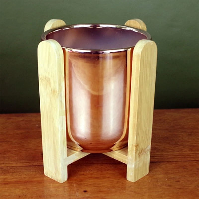 Image of Leaf Gold Ceramic Planter Bamboo Stand Plant Pot Gold unisex