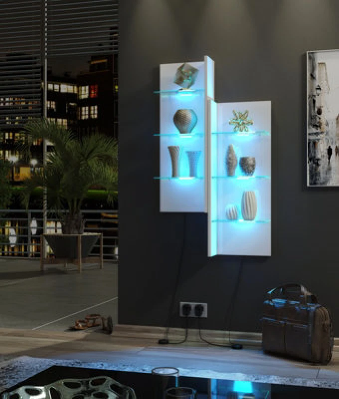 Image of Furneo White Floating Display Cabinet Wall Unit Shelf High Gloss & Matt Clifton 09 Blue LED Lights