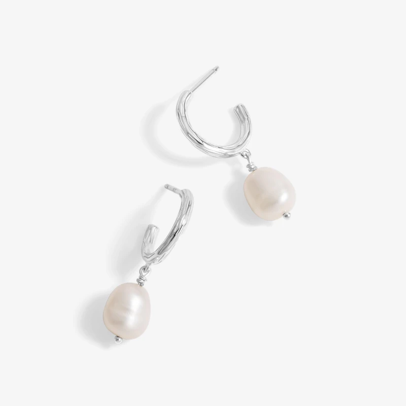 Image of Simply Silver Sterling Silver 925 Polished Textured and Pearl Hoop Earrings Silver