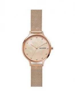 Image of Skagen Anita Blush Mother of Pearl Dial Rose Gold Stainless Steel Mesh Strap Ladies Watch, One Colour, Women
