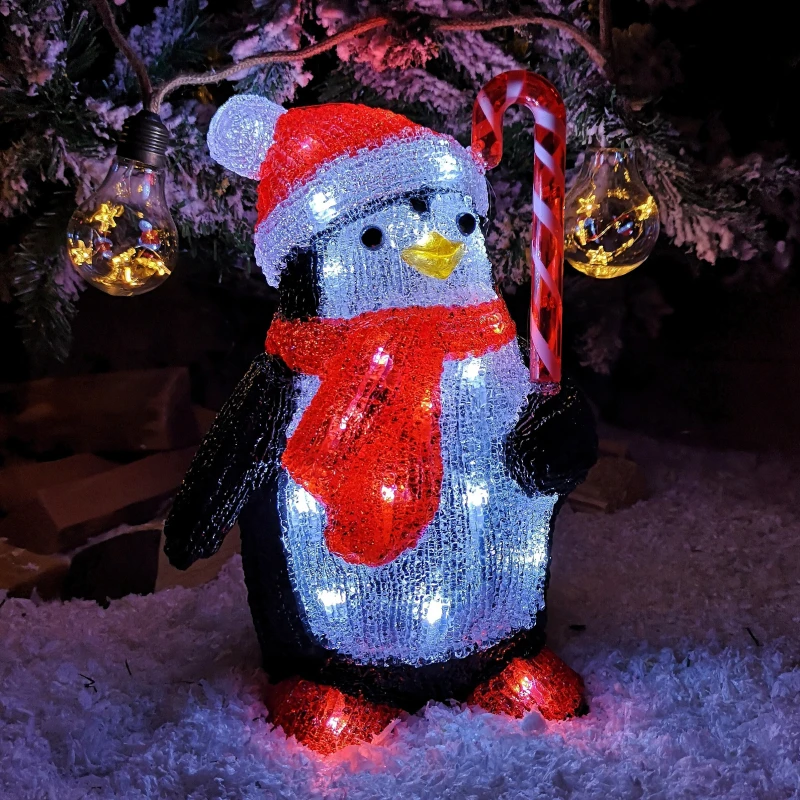Image of 30cm LED Soft Acrylic Penguin with Candy Cane Christmas Decoration