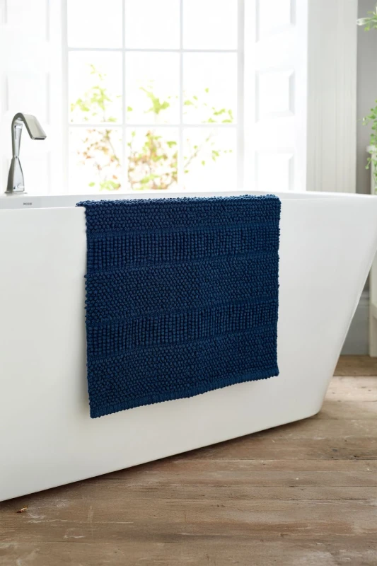 Image of Deyongs Deyongs Romeo Textured 100% Cotton Bath Mat - 1500gsm Absorbent Bathroom Rug in Navy Navy Bath Mat Unisex 5054990136831