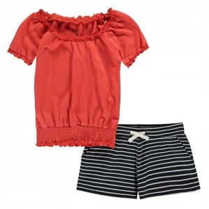 Image of Crafted Junior Girls T-Shirt and Shorts Set - Navy/Orange