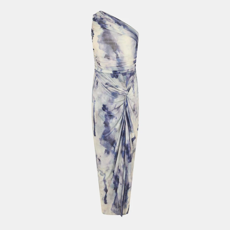Image of AX Paris Watercolour Print One Shoulder Knot Skirt Mesh Midi Dress Blue female 10 (S)