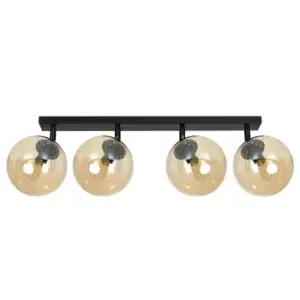 Image of Tofi Black Globe Ceiling Spotlight Bar with Amber Glass Shades, 4x E14