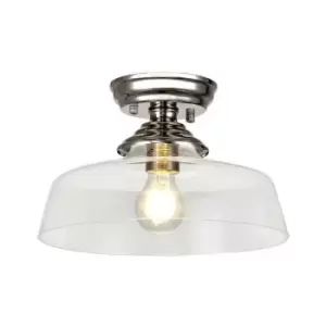 Image of Luminosa Talisa Flush Ceiling Lamp E27 With Flat Round 30cm Glass Shade Polished Nickel, Clear
