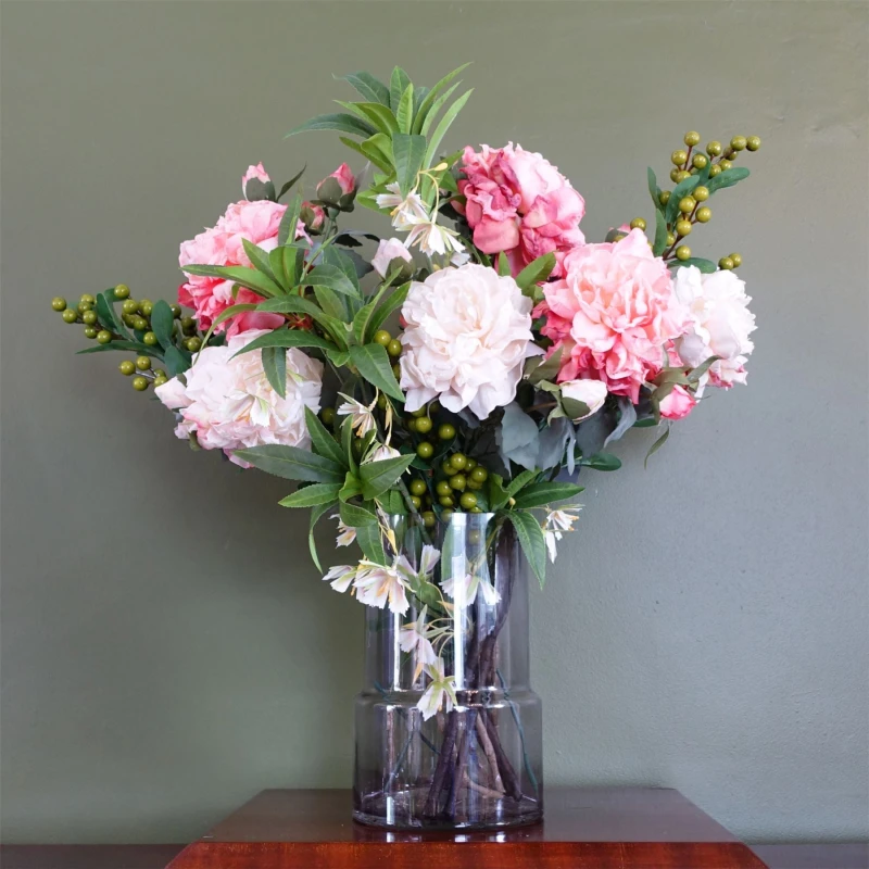 Image of Leaf 65cm Mixed Peonies Glass Vase