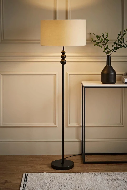 Image of ValueLights Marissa Fabric Drum Shade with Black Stacked Ball Floor Lamp Nude