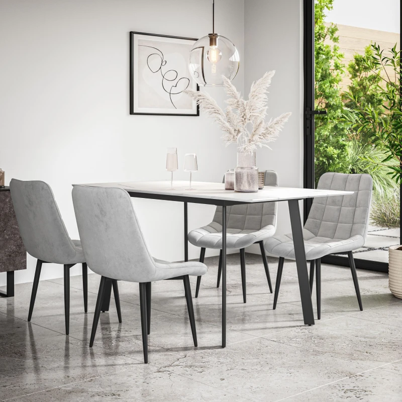 Image of More4Homes Haydon Extending Dining Table + Chairs- White Marble Effect Table Top W Black Legs + Nova Velvet Dining Chair Set Of 6 (Grey)
