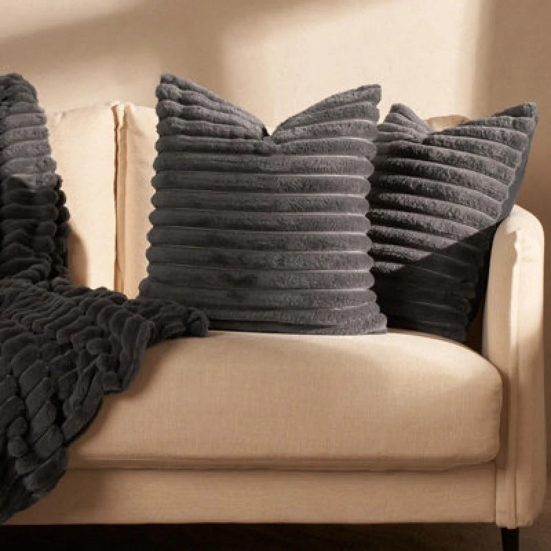 Image of OHS OHS 2 x Faux Fur Thick Rib Cushion Covers in Charcoal Size: 45cm x 45cm Charcoal 45cm x 45cm Unisex 5027434166510