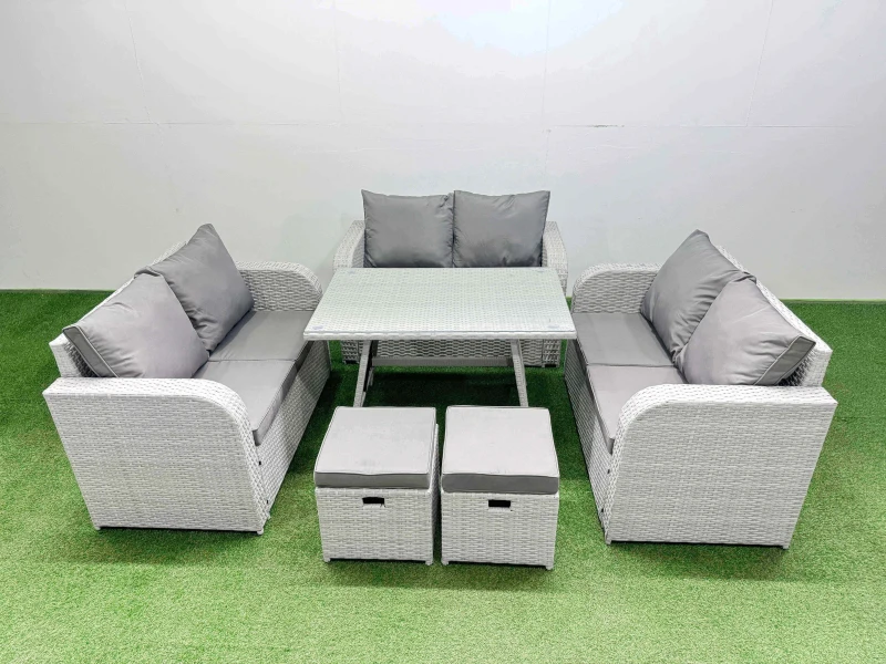 Image of Fimous 8-seater Patio Rectangular Table Love Sofa Set with 2 Small Stools in Light Grey Light Grey Unisex