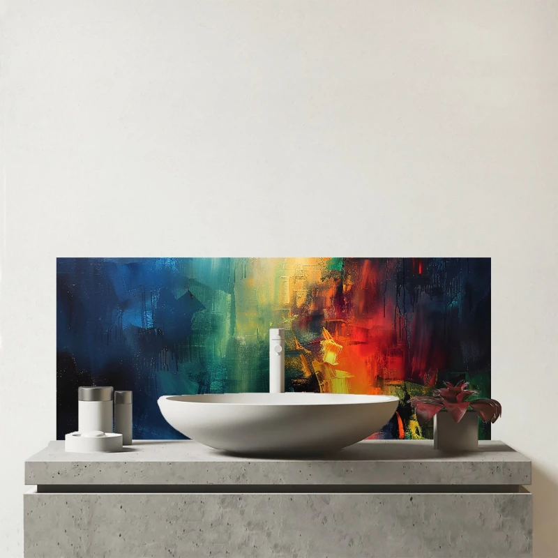 Image of Warren Reed - Designer Colourful Chaos: Urban Dreamscape Glass Bathroom Splashback Multicolor Unisex