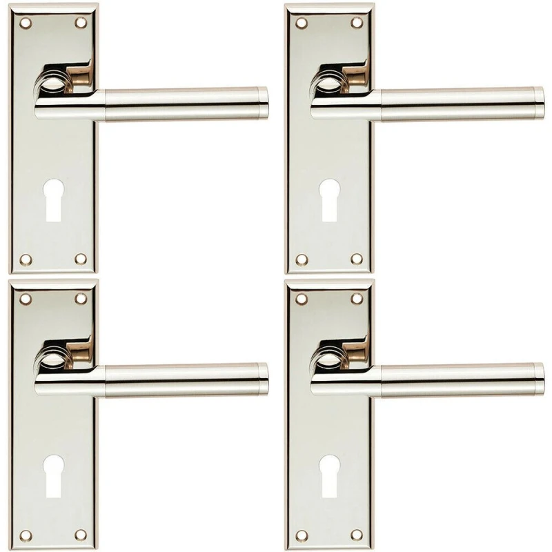 Image of Loops 4x Round Bar Section Handle on Lock Backplate 150 x 50mm Polished Satin Nickel Metallics
