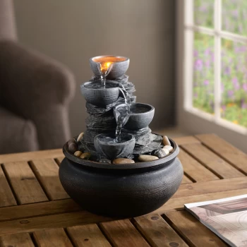 Image of Indoor Tabletop Water Feature, 4 Tiered Small , Mini Water Fountain Decor, Modern Cascading Waterfall Ornament with Lights & Pump, Grey - Grey
