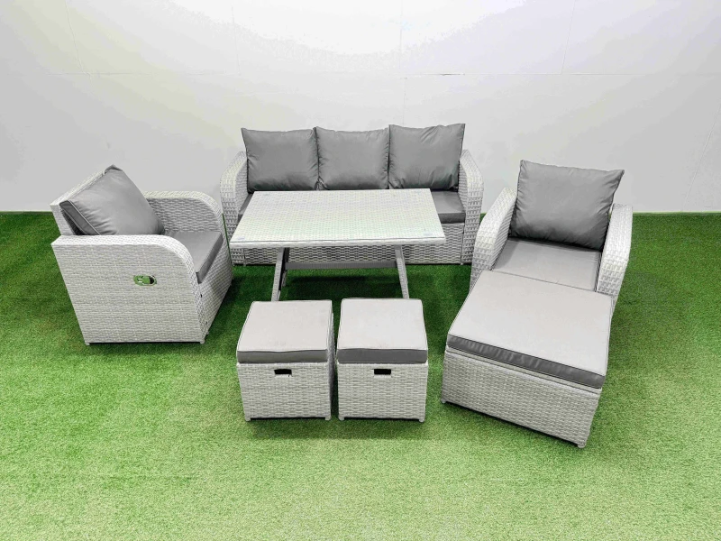 Image of Fimous Reclining Chair 3 Seat Sofa Garden Furniture Set with Dining Table in Light Grey Light Grey Unisex