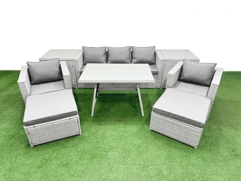 Image of Fimous 9 Pieces Outdoor PE Rattan Sofa Armchair Set with 2 Big Stools in Light Grey Light Grey Unisex