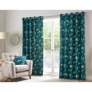 Image of Dacey Contemporary Floral Print 100% Cotton Eyelet Lined Curtains, Teal, 66 x 54" - Fusion