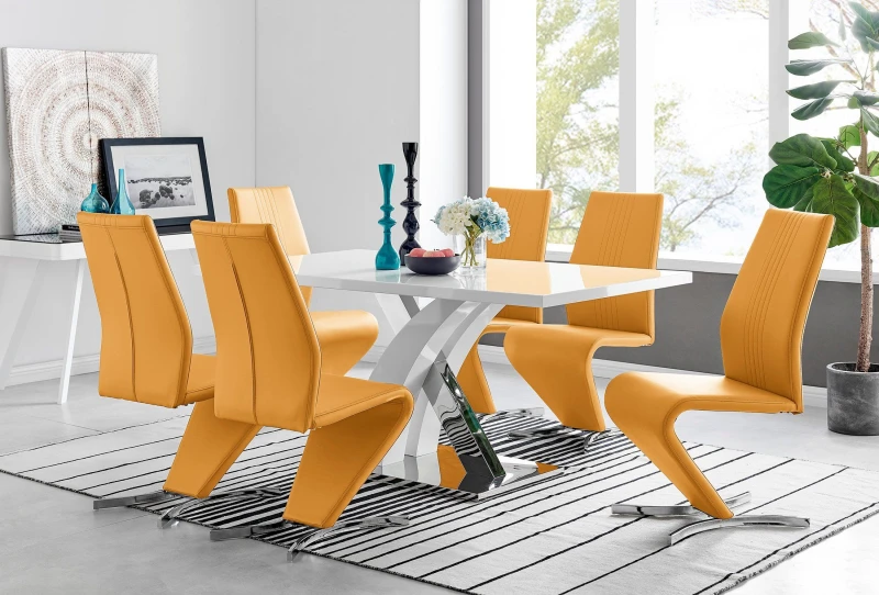 Image of FurnitureboxUK FurnitureboxUK Atlanta Modern Rectangle Chrome Metal High Gloss White Dining Table And 6 Willow Chairs Set in Mustard Mustard One Size