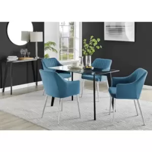 Image of Furniturebox Malmo Rectangular Glass and Black Wooden Leg Modern Industrial Dining Table & 4 Blue Calla Silver Leg Velvet Chairs