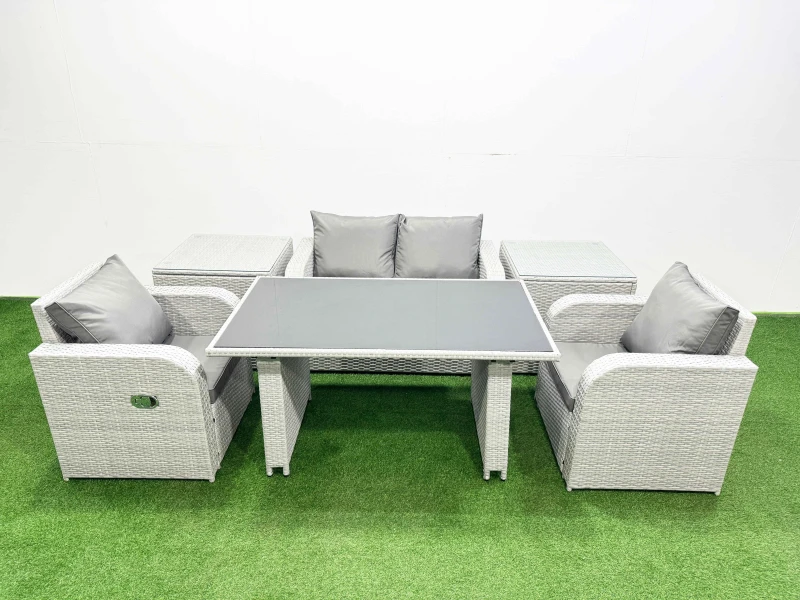 Image of Fimous Outdoor Rattan Garden Furniture Dining Set 4-seater with 2 Side Tables in Light Grey Light Grey Unisex