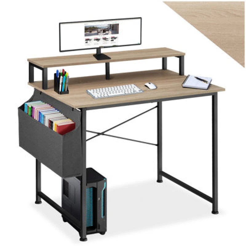 Image of Tectake Desk - With Shelving And Fabric Storage Bag 120 Cm - Industrial Wood Light, Oak Sonoma