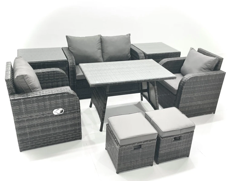 Image of Fimous Outdoor Garden Furniture Set with Reclining Chair 2 Small Footstool 2 Side Table Dark Grey