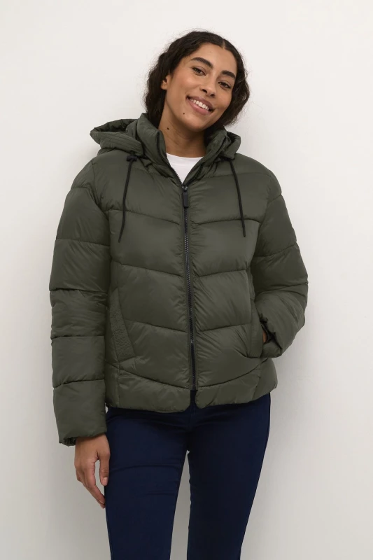 Image of Kaffe Womens Susanne Hood Zipper Puffer Jacket in Dark Olive Size: 12 Dark Olive Female 12