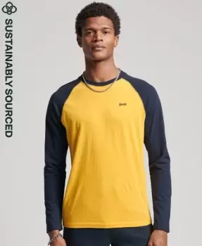 Image of Superdry Mens Organic Cotton Essential Long Sleeved Baseball Top Yellow / Turmeric Marl/Eclipse Navy - Size: M