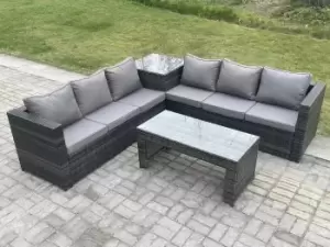 Image of Fimous 6 Seater Outdoor Dark Grey Rattan Lounge Complete Sofa Set with Square Side Table and Oblong Coffee Table
