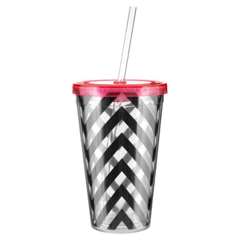 Image of Premier Housewares Chevron 450ml Drinks Cup, Trendy BPA Free Drinks Cup with Lid and Straw, Double Walled Cold Drinks Cup Black unisex