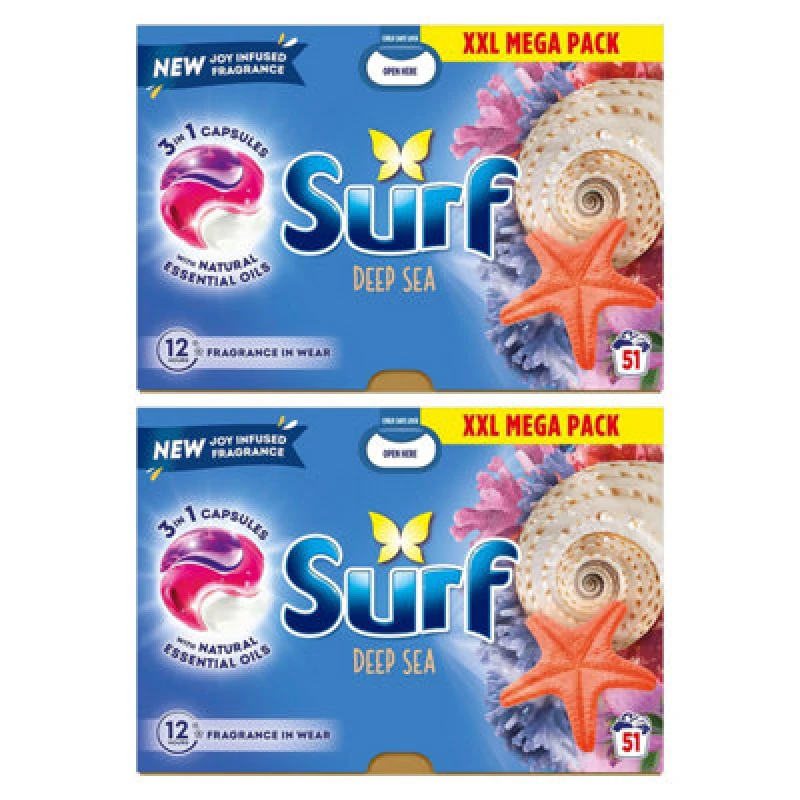 Image of Surf 3 In 1 Laundry Washing Detergent Capsules Deep Sea, 102 Washes, 2Pk