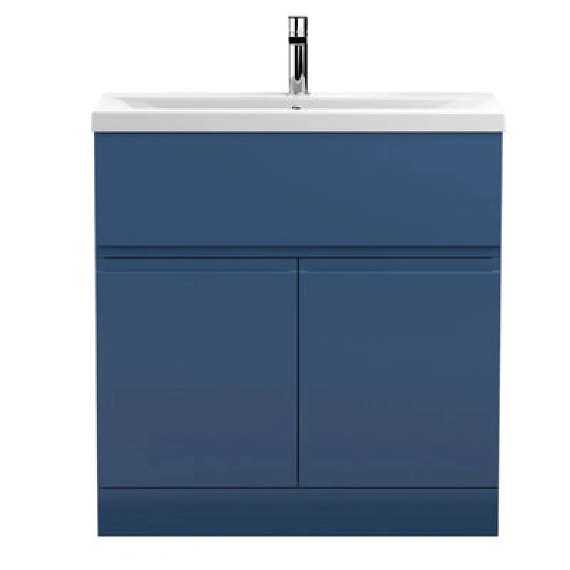 Image of Nuie Hudson Reed Urban Floor Standing 2 Door 1 Drawer Vanity Unit With Mid-Edge Basin, Durable Modern Vanity Unit In Satin Blue, 800mm