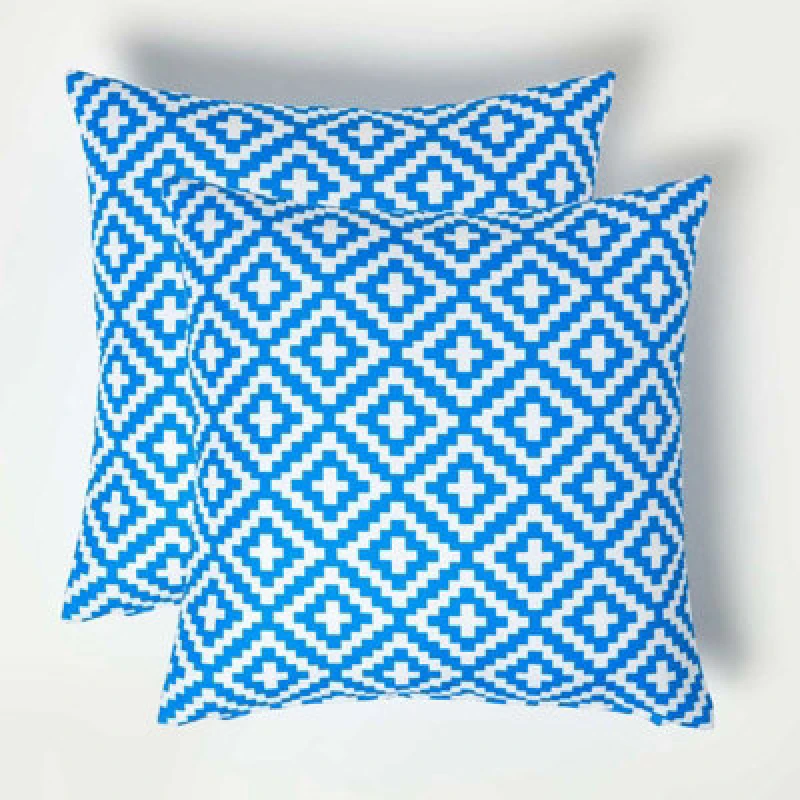 Image of Homescapes Blue Geometric Outdoor Cushion 45 x 45 cm, Set of 2 Blue