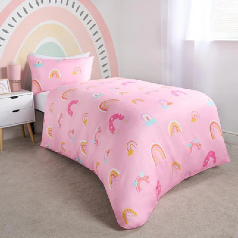 Image of OHS OHS Rainbow Duvet Cover Bedding Set Quilt Pillowcase Reversible in Pink Size: Single Pink Single Unisex 5027434200269