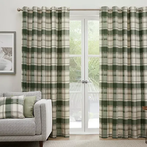 Image of Fusion Balmoral Check Ready Made Eyelet Curtains Bottle Green