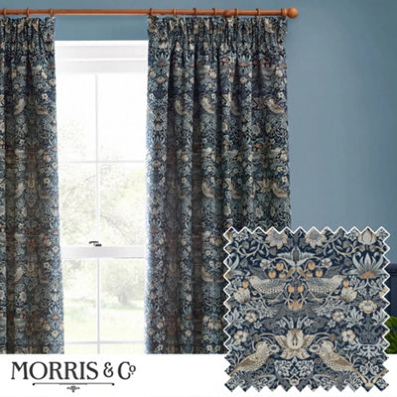 Image of Morris & Co Morris & Co Strawberry Thief Jacquard Jacquard Floral Room Darkening Pencil Pleat Curtains in Indigo Size: 168cm width x 229cm drop Indi