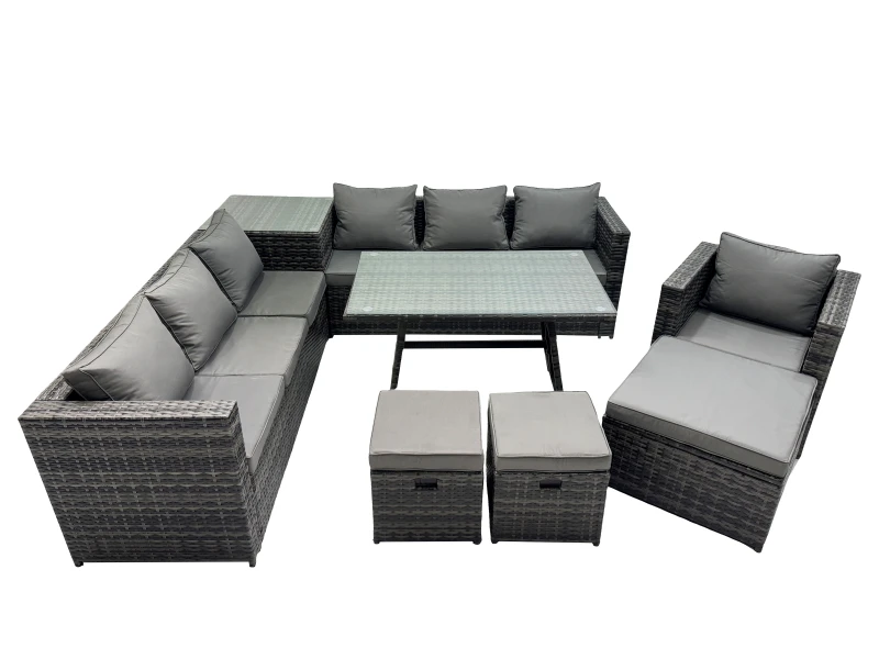 Image of Fimous Garden Rattan Furniture Set 10 Seater with Side Table 3 Stools in Dark Grey Dark Grey Unisex