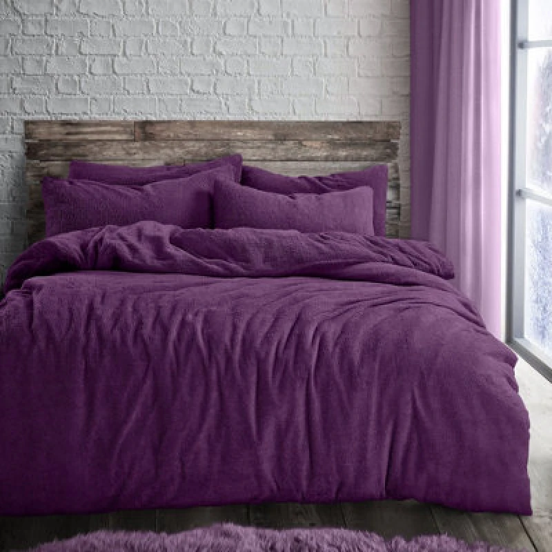 Image of Velosso Teddy Fleece Duvet Cover & Pillowcase Set - Button Enclosure, Machine Washable Bedroom Essentials - Purple