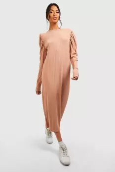 Image of Soft Rib Rouched Sleeve Midaxi Dress