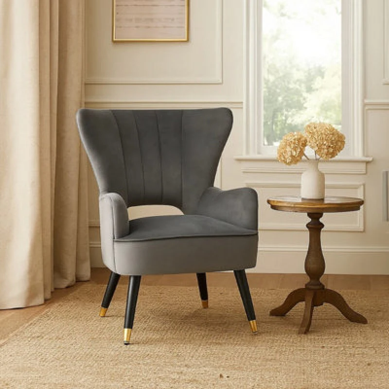Image of Orsina Grey Velvet Armchair For Reading Books, Accent Chair With Gold Finish Rubberwood Legs, Modern Velvet Chair